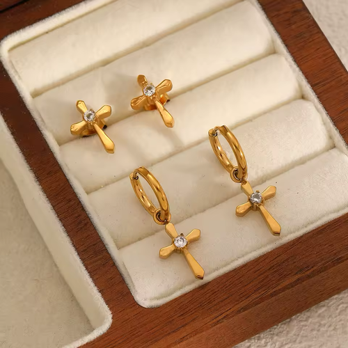 Crystal Cross Earrings — 2 Pair Set