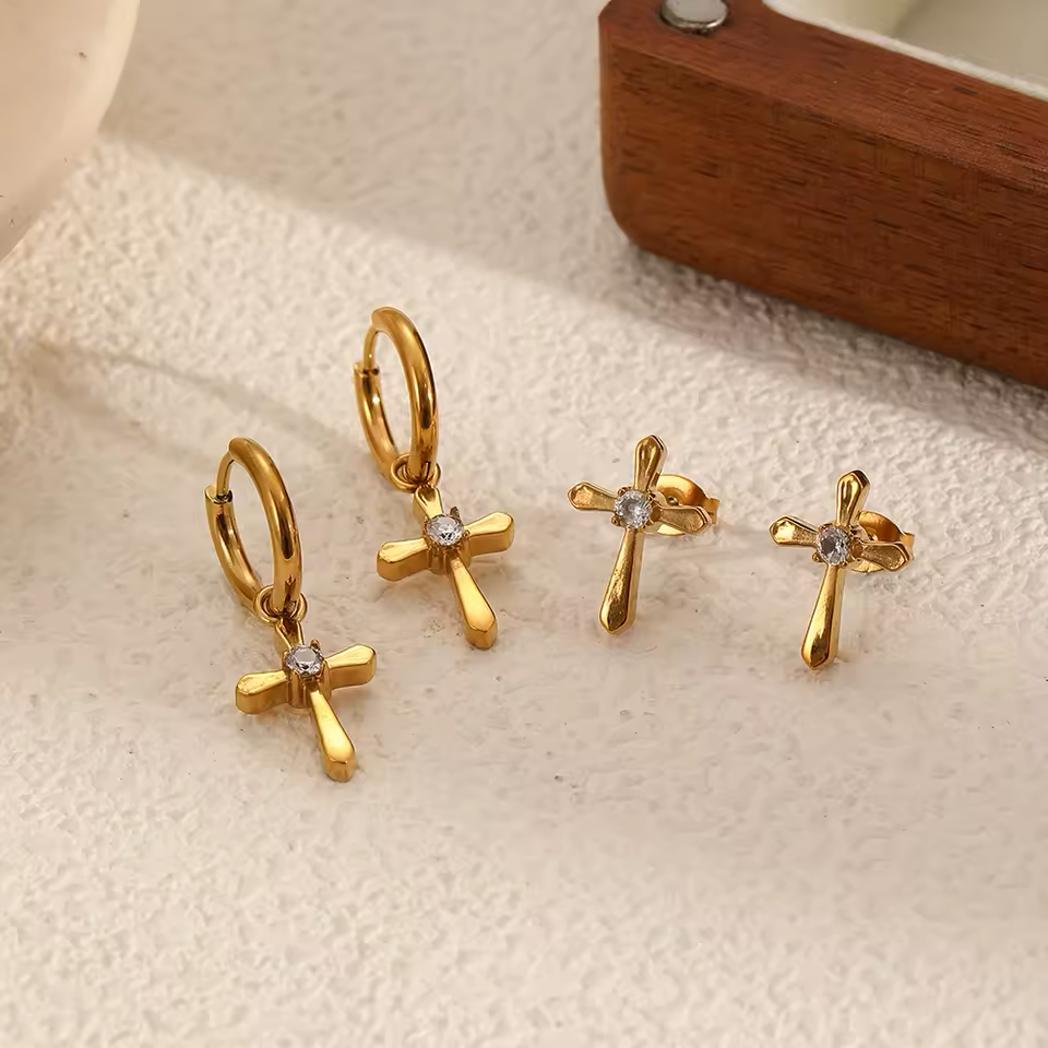 Crystal Cross Earrings — 2 Pair Set