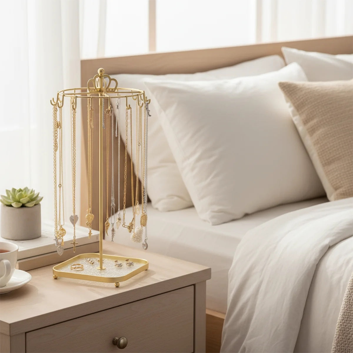Gold crown carousel jewelry stand with necklaces on a bedside table