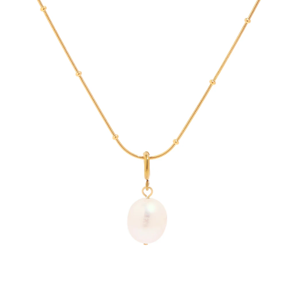 Freshwater pearl drop pendant necklace with 18K gold-plated satellite chain on white background