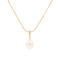 Freshwater pearl drop pendant necklace with 18K gold-plated satellite chain on white background