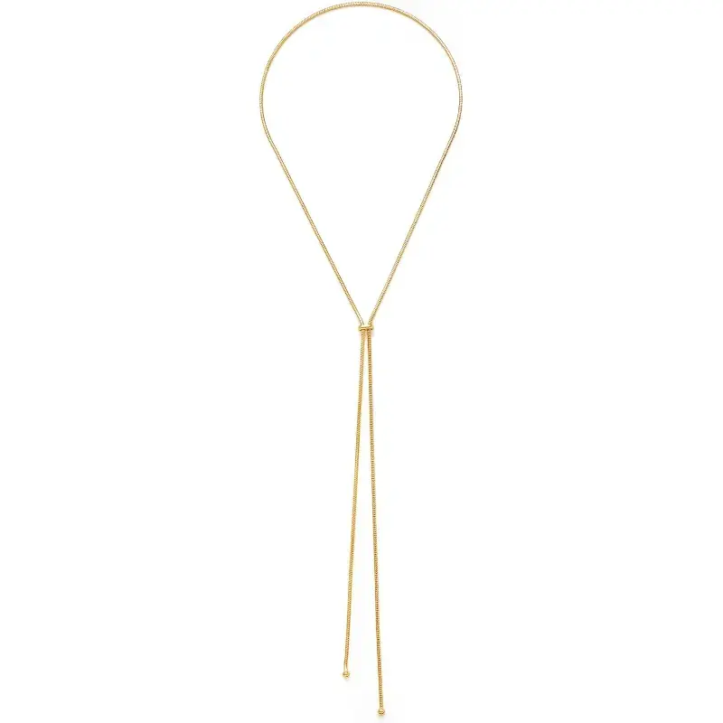 Adjustable snake-chain lariat necklace in gold-tone, full view on white